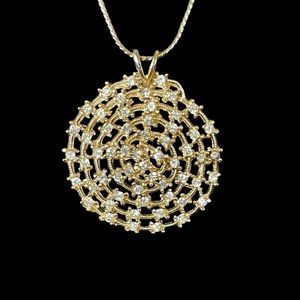 Vintage Signed SN Gold Tone Rhinestone Circular Modernist Pendant Necklace